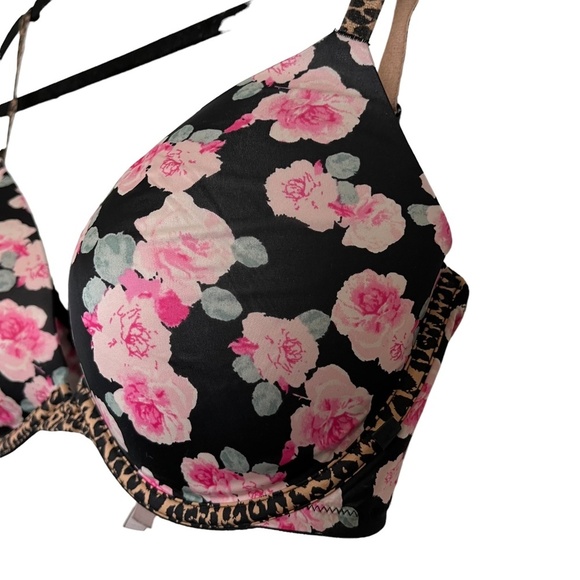 VICTORIA'S SECRET PUSH UP Black Pink Floral Leopard Print Underwire Bra 34DD - Picture 7 of 16
